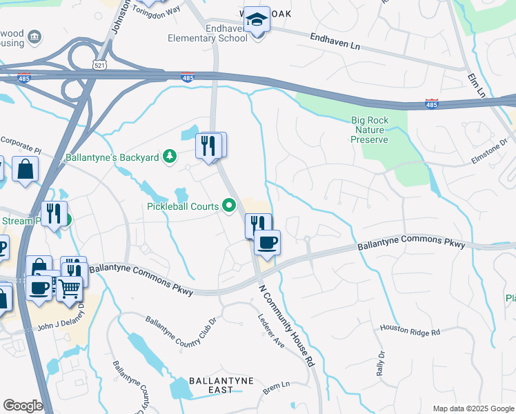 map of restaurants, bars, coffee shops, grocery stores, and more near 11430 North Community House Road in Charlotte
