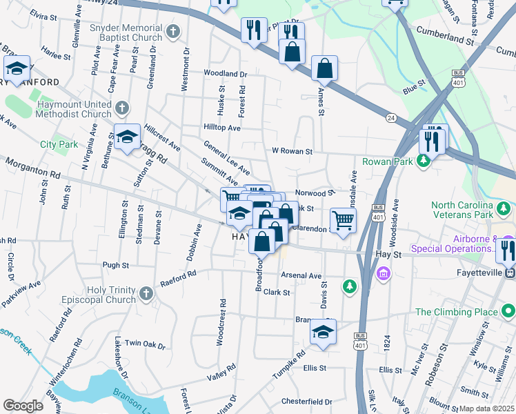 map of restaurants, bars, coffee shops, grocery stores, and more near 825 Mandolin Court in Fayetteville