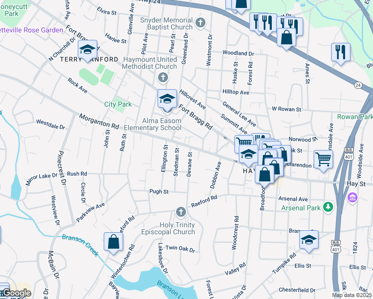 map of restaurants, bars, coffee shops, grocery stores, and more near 1603 Morganton Road in Fayetteville