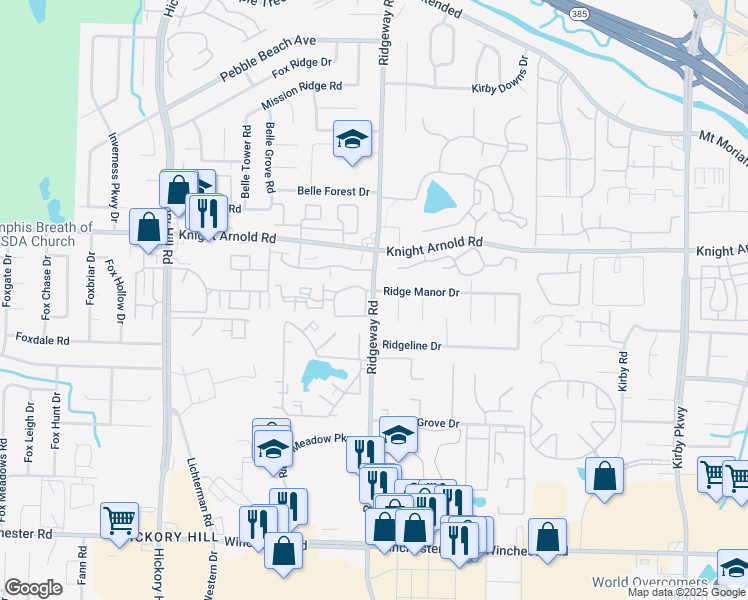 map of restaurants, bars, coffee shops, grocery stores, and more near 3315 Ridgeway Road in Memphis