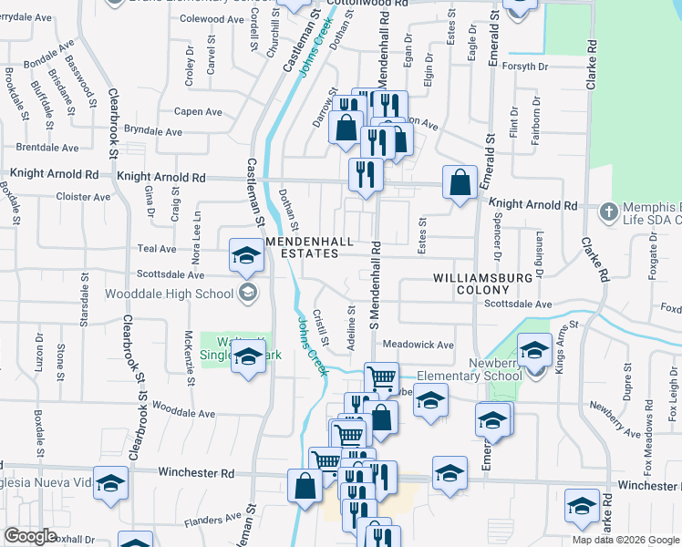 map of restaurants, bars, coffee shops, grocery stores, and more near 3207 Cookie Cove in Memphis