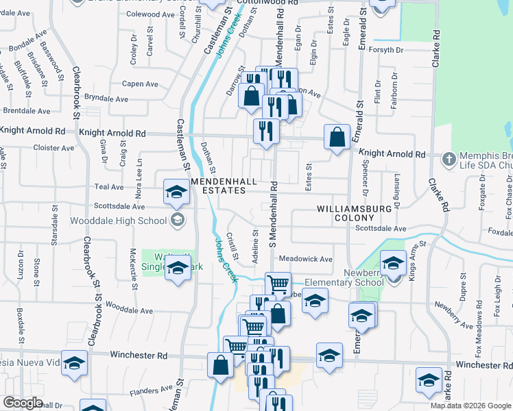 map of restaurants, bars, coffee shops, grocery stores, and more near 5278 Scottsdale Avenue in Memphis