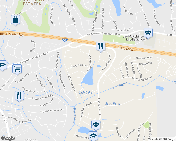 map of restaurants, bars, coffee shops, grocery stores, and more near 5199 King Arthur Drive in Charlotte