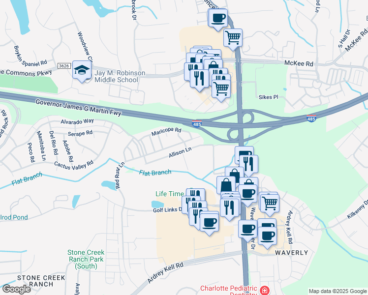map of restaurants, bars, coffee shops, grocery stores, and more near 11014 Cripple Creek Lane in Charlotte