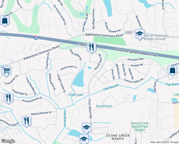 map of restaurants, bars, coffee shops, grocery stores, and more near 10948 Round Rock Road in Charlotte