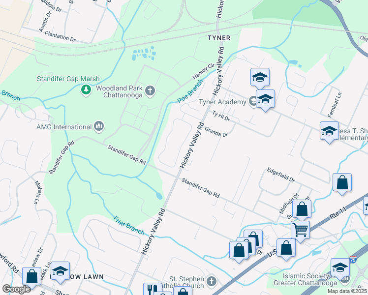 map of restaurants, bars, coffee shops, grocery stores, and more near 2668 Churchill Downs Circle in Chattanooga
