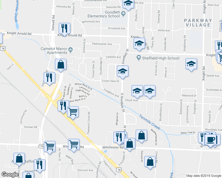 map of restaurants, bars, coffee shops, grocery stores, and more near 3409 Creighton Cove in Memphis