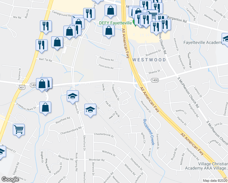 map of restaurants, bars, coffee shops, grocery stores, and more near 431 Tradewinds Drive in Fayetteville