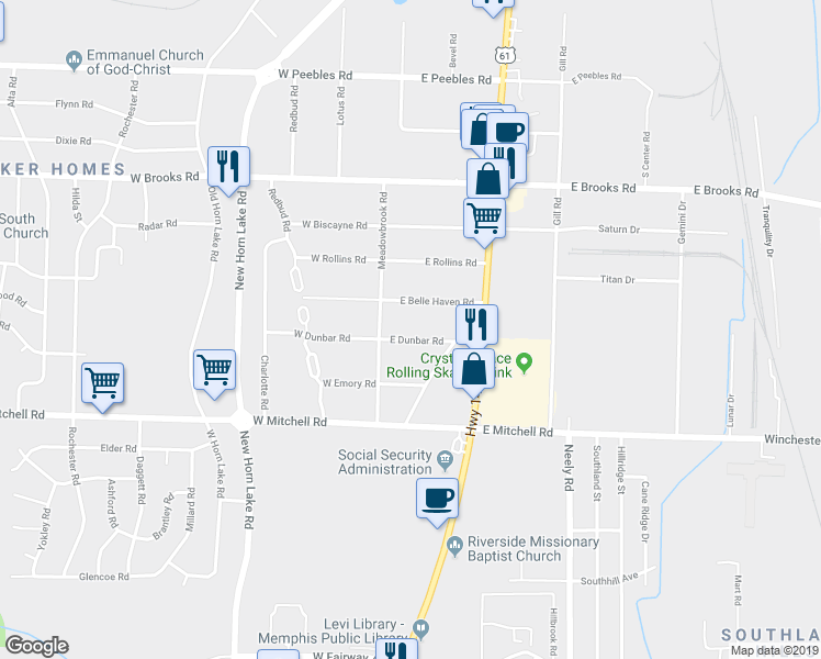 map of restaurants, bars, coffee shops, grocery stores, and more near 42 East Dunbar Road in Memphis