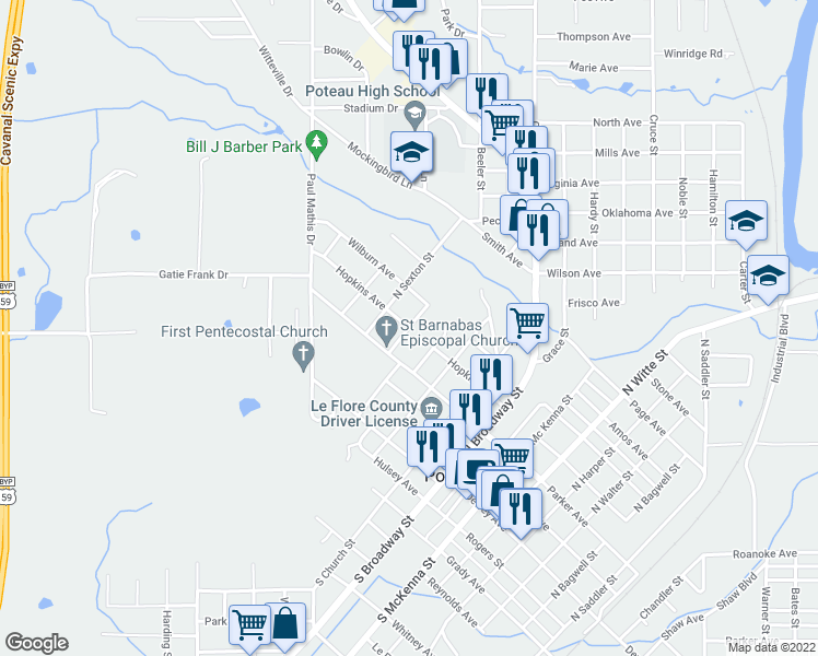 map of restaurants, bars, coffee shops, grocery stores, and more near 404 North Terry Street in Poteau