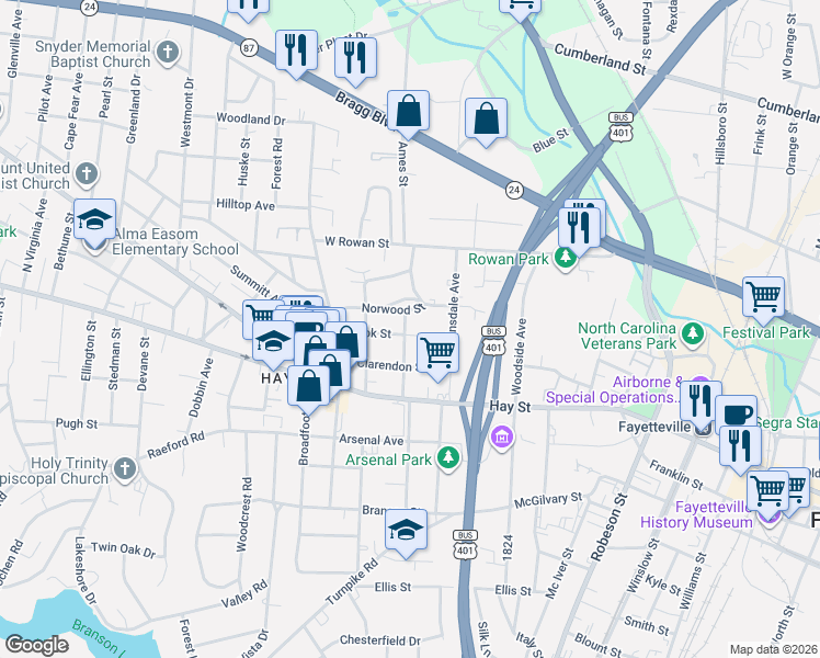 map of restaurants, bars, coffee shops, grocery stores, and more near 911 Brook Street in Fayetteville