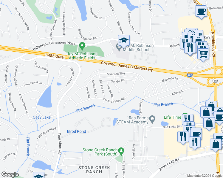 map of restaurants, bars, coffee shops, grocery stores, and more near 6231 Adobe Road in Charlotte