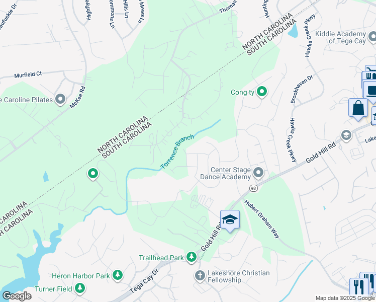 map of restaurants, bars, coffee shops, grocery stores, and more near 3130 Torrence Branch Drive in Fort Mill
