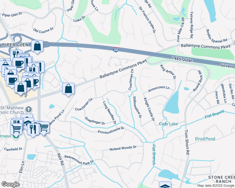 map of restaurants, bars, coffee shops, grocery stores, and more near 11001 Coachman Circle in Charlotte
