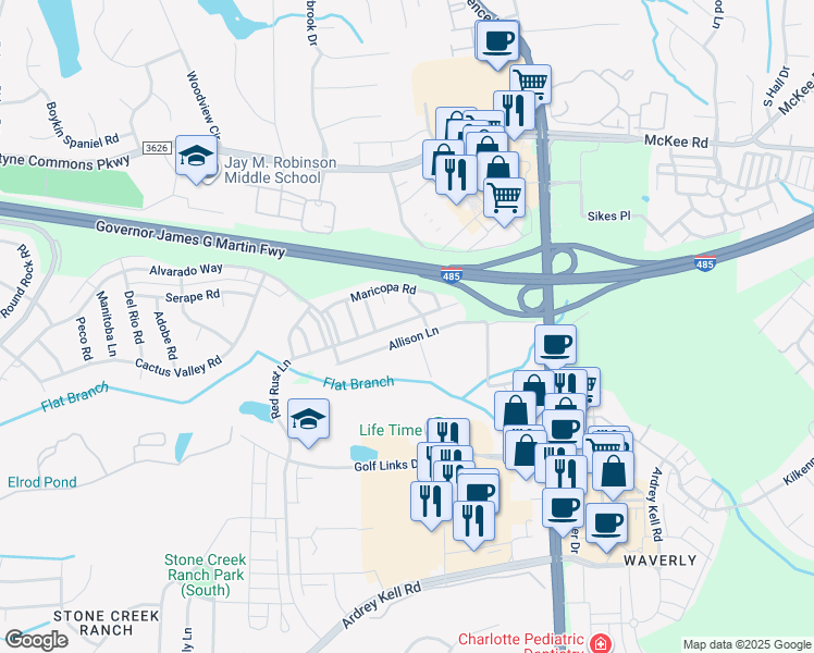 map of restaurants, bars, coffee shops, grocery stores, and more near 12248 Red Rust Lane in Charlotte