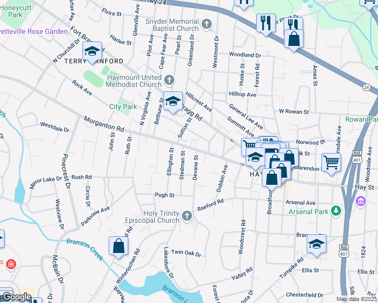 map of restaurants, bars, coffee shops, grocery stores, and more near 1607 Morganton Road in Fayetteville