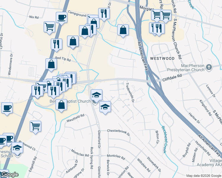 map of restaurants, bars, coffee shops, grocery stores, and more near 4621 Fen Court in Fayetteville