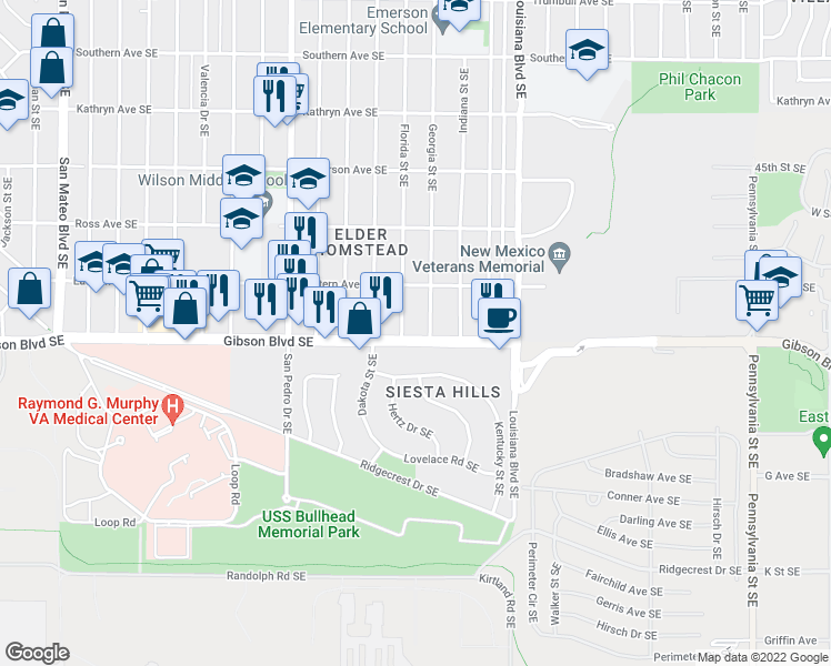 map of restaurants, bars, coffee shops, grocery stores, and more near 6200 Gibson Boulevard Southeast in Albuquerque