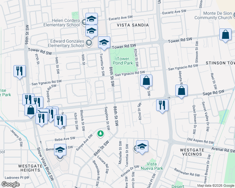map of restaurants, bars, coffee shops, grocery stores, and more near 8519 Mesa Real Avenue Southwest in Albuquerque