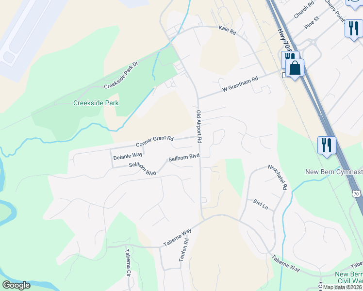 map of restaurants, bars, coffee shops, grocery stores, and more near 112 Joshua Norman Drive in New Bern
