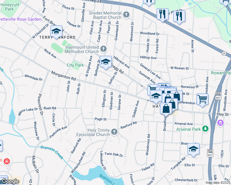 map of restaurants, bars, coffee shops, grocery stores, and more near 1607 Morganton Road in Fayetteville