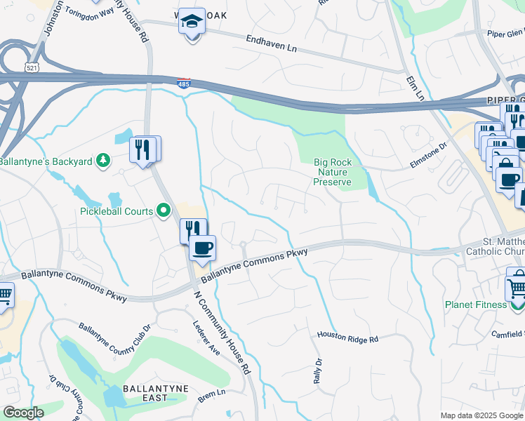 map of restaurants, bars, coffee shops, grocery stores, and more near 6842 Charter Hills Road in Charlotte