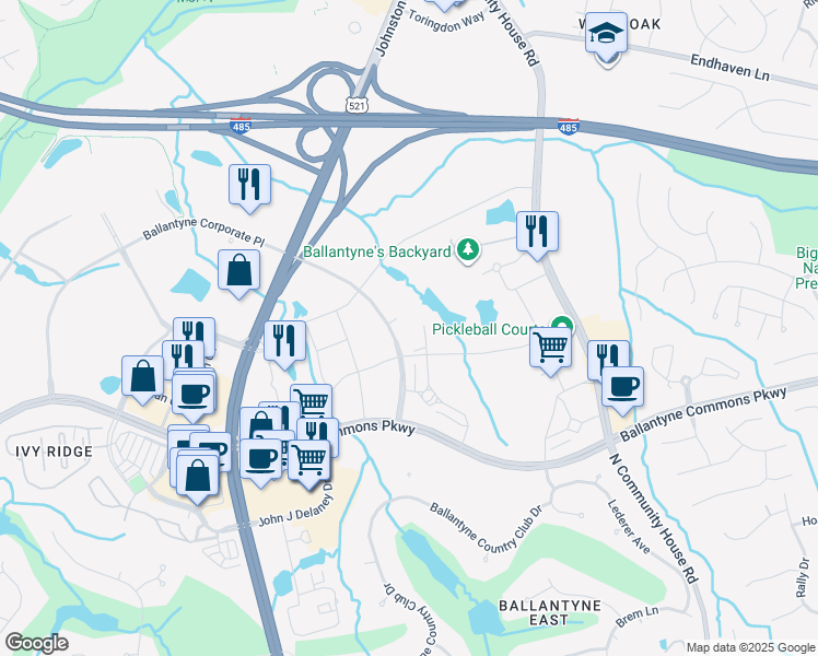 map of restaurants, bars, coffee shops, grocery stores, and more near 13146 Ballantyne Corporate Place in Charlotte