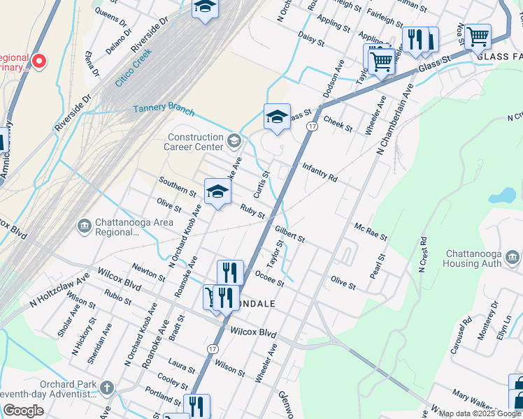 map of restaurants, bars, coffee shops, grocery stores, and more near 2040 Ruby Street in Chattanooga