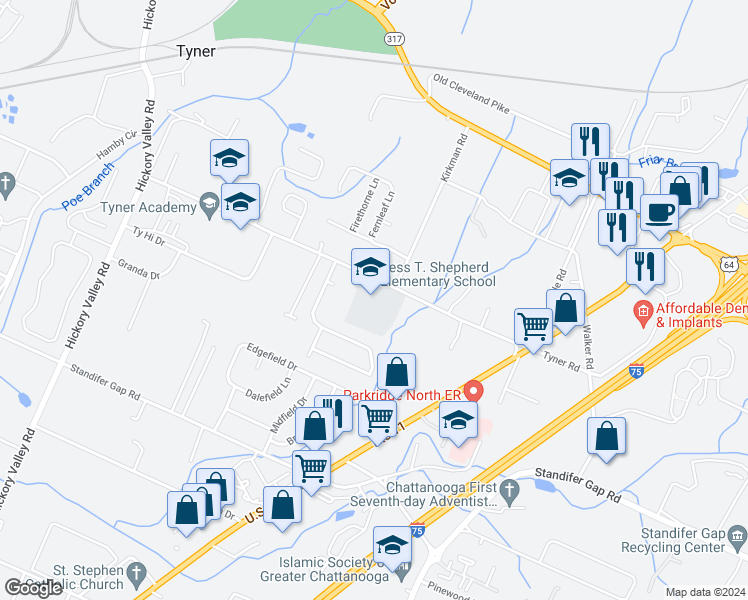 map of restaurants, bars, coffee shops, grocery stores, and more near 7126 Tyner Road in Chattanooga