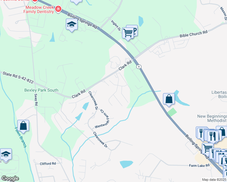map of restaurants, bars, coffee shops, grocery stores, and more near 604 Hardwood Drive in Boiling Springs