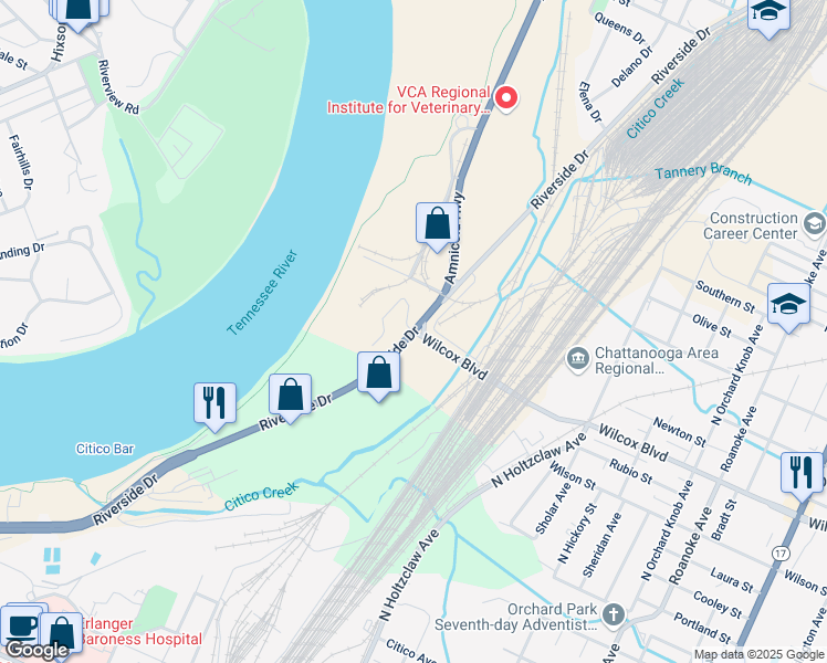 map of restaurants, bars, coffee shops, grocery stores, and more near 2100 Riverside Drive in Chattanooga