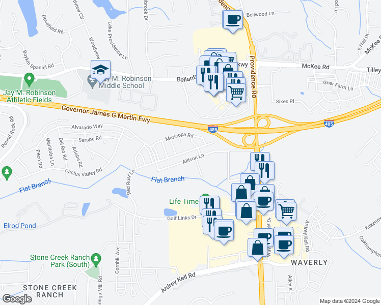 map of restaurants, bars, coffee shops, grocery stores, and more near 12248 Red Rust Lane in Charlotte