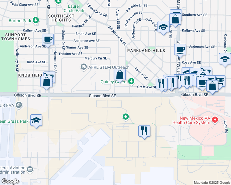 map of restaurants, bars, coffee shops, grocery stores, and more near 4601 Gibson Boulevard Southeast in Albuquerque
