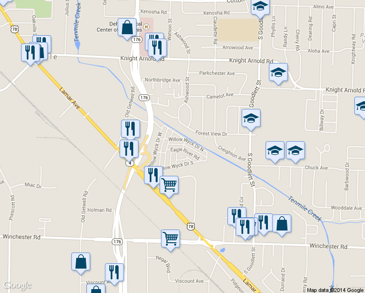map of restaurants, bars, coffee shops, grocery stores, and more near 3318 Petosky Drive in Memphis