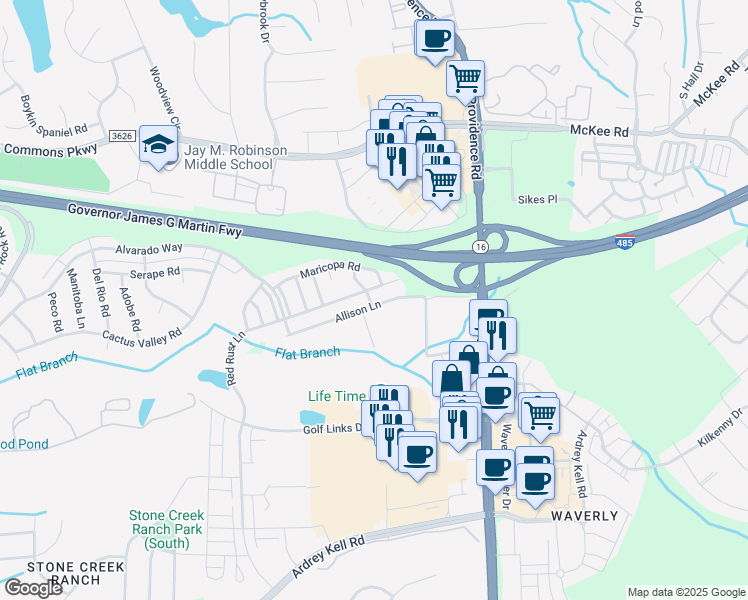 map of restaurants, bars, coffee shops, grocery stores, and more near 5336 Allison Lane in Charlotte