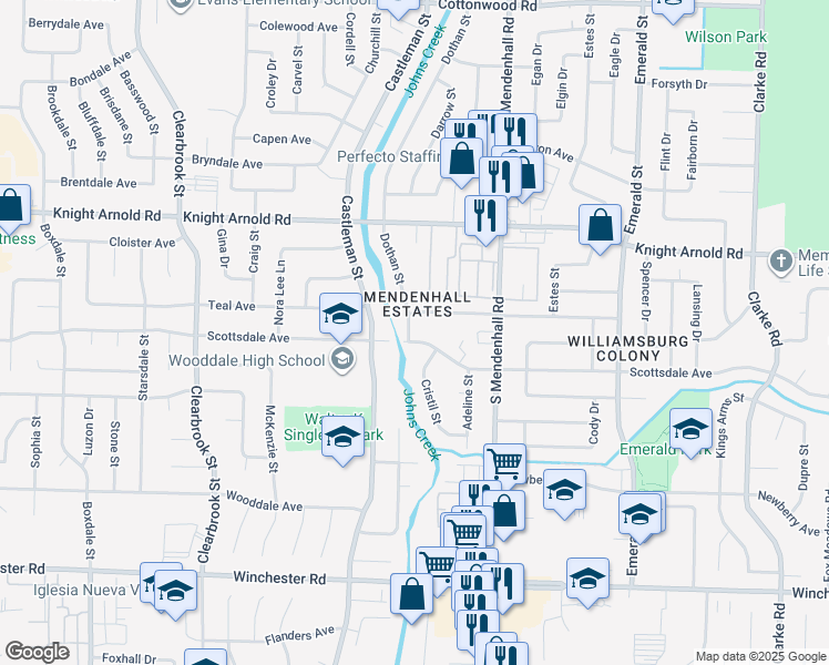 map of restaurants, bars, coffee shops, grocery stores, and more near 5237 Scottsdale Avenue in Memphis