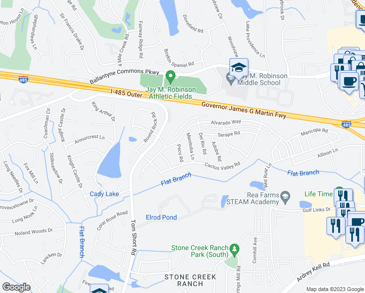 map of restaurants, bars, coffee shops, grocery stores, and more near 5011 Peco Road in Charlotte