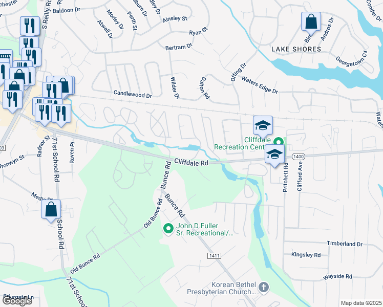 map of restaurants, bars, coffee shops, grocery stores, and more near 698 Bartons Landing Place in Fayetteville