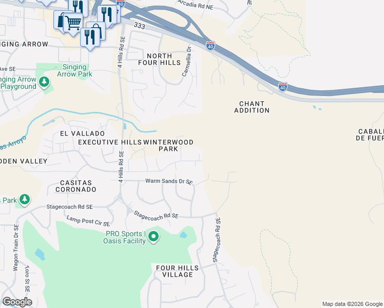 map of restaurants, bars, coffee shops, grocery stores, and more near 13807 Winterwood Way Southeast in Albuquerque