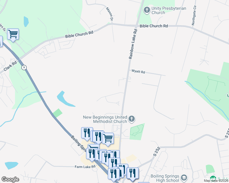 map of restaurants, bars, coffee shops, grocery stores, and more near 333 Cottage Mill Run in Boiling Springs