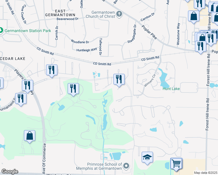 map of restaurants, bars, coffee shops, grocery stores, and more near 3333 Clubhill Drive in Memphis