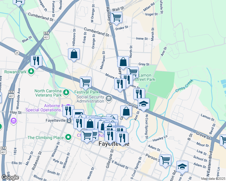 map of restaurants, bars, coffee shops, grocery stores, and more near 150 Rowan Street in Fayetteville