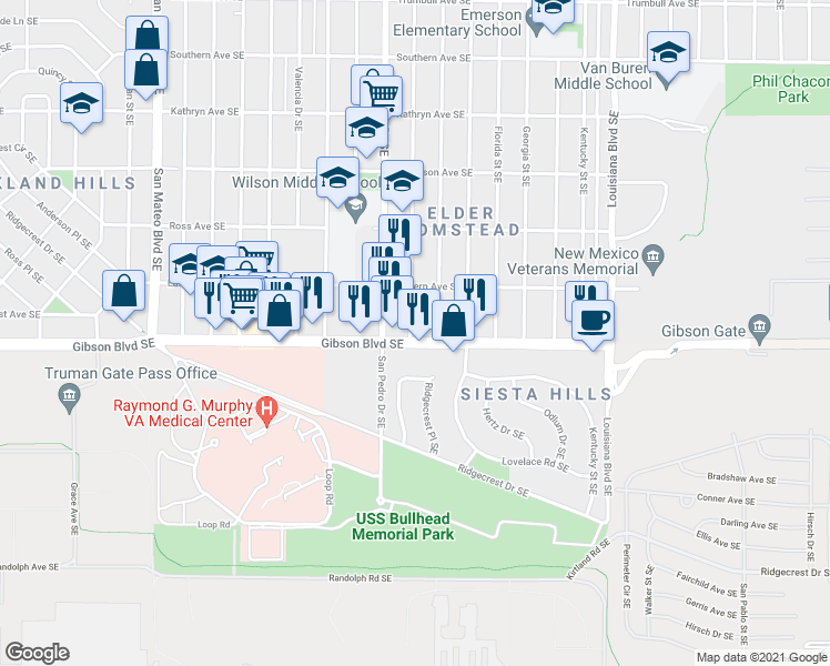 map of restaurants, bars, coffee shops, grocery stores, and more near 5814 Gibson Boulevard Southeast in Albuquerque