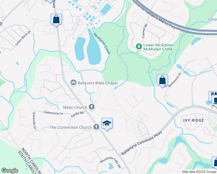 map of restaurants, bars, coffee shops, grocery stores, and more near 13808 Ballantyne Meadows Drive in Charlotte
