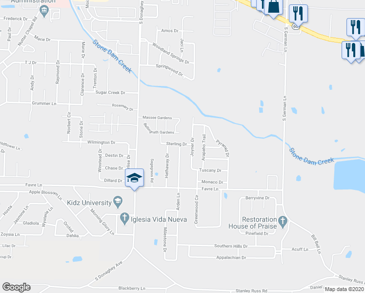 map of restaurants, bars, coffee shops, grocery stores, and more near 1400 Arden Lane in Conway