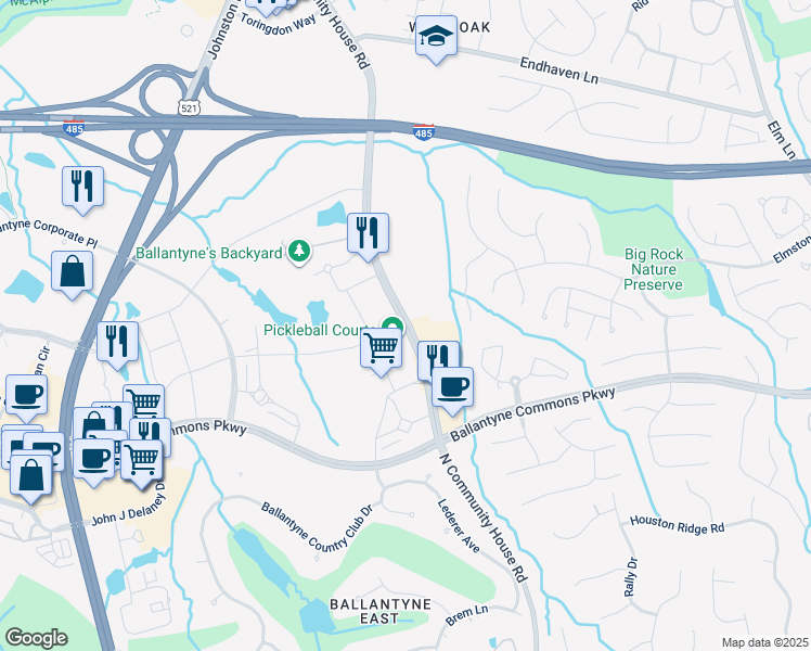 map of restaurants, bars, coffee shops, grocery stores, and more near 11215 North Community House Road in Charlotte
