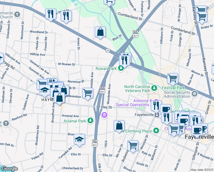 map of restaurants, bars, coffee shops, grocery stores, and more near 225 Woodside Avenue in Fayetteville