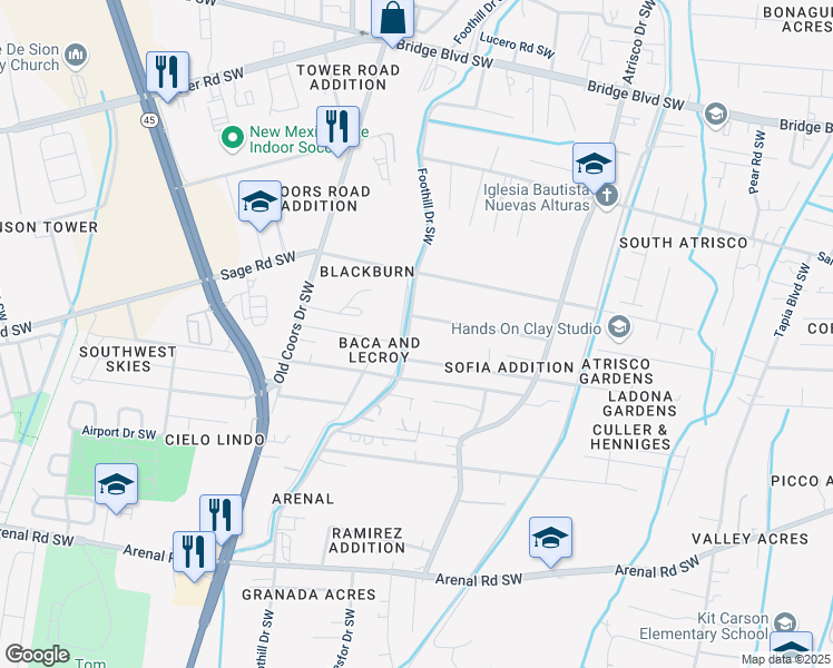 map of restaurants, bars, coffee shops, grocery stores, and more near 2707 Kelly Road Southwest in Albuquerque