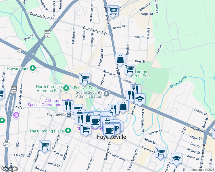 map of restaurants, bars, coffee shops, grocery stores, and more near Rowan St in Fayetteville