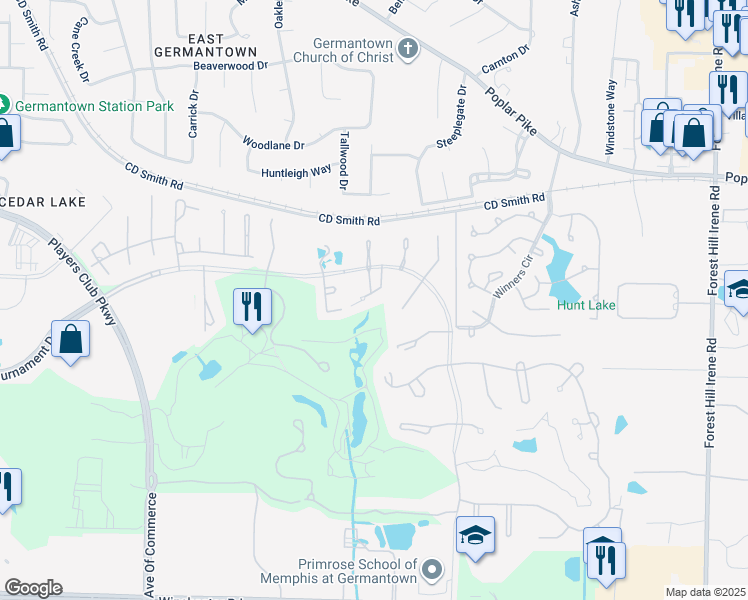 map of restaurants, bars, coffee shops, grocery stores, and more near 3333 Clubhill Drive in Memphis